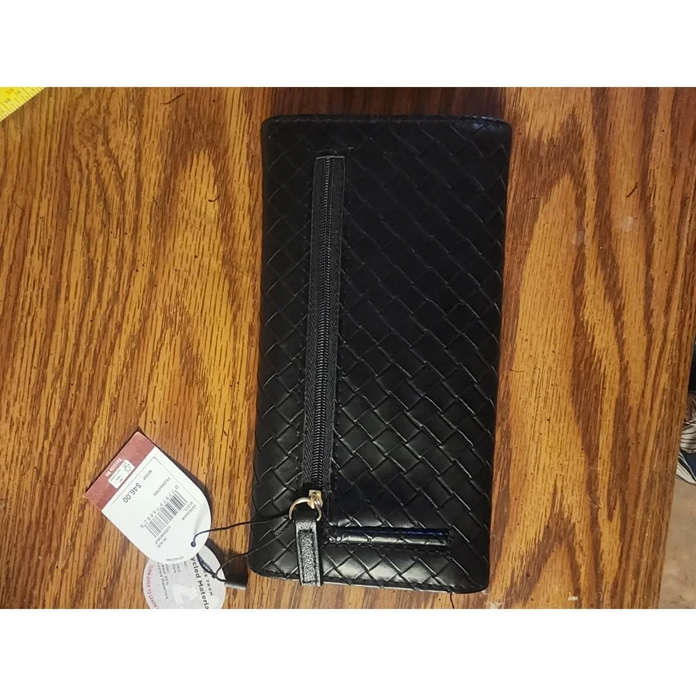 Vintage Mundi Black Woven Vegan Leather Flap Wallet Trifold NWT